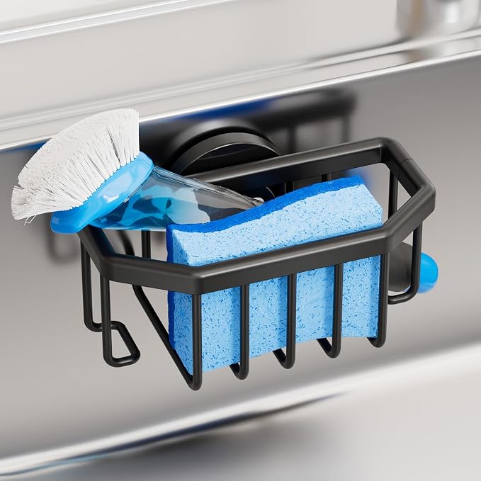 TAILI Sink Caddy with Strong Suction Cup, Sponge Holder for Sink-Black | for Kitchen Sink Organizer, Removable Sponge Caddy Inside Sink, Rustproof Aluminum Holder for Sponges, Brushes, Scrubber