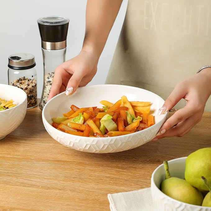 Sureasy Pasta Bowls Set of 4, 30oz Large Ceramic Embossed Bowl Plates, 8.5 Inch Wide and Shallow Plate Bowls, Salad Bowl, Microwave, Oven & Dishwasher Safe, White