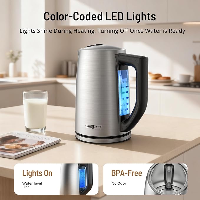 1.7L Electric Tea Kettle, 6 Precise Temperature Presets Stainless Steel Electric Kettle Temperature Control,1500W Fast Boiling Hot Water for Oolong & Green Tea with Strix Control