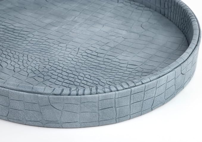 HofferRuffer Faux Leather Round Serving Tray, Vegan Croco Leather Decorative Tray, Food Tray for Storage Drinks, Snack & Cosmetics, Dia.12'' x 1.6'' (LightBlue)
