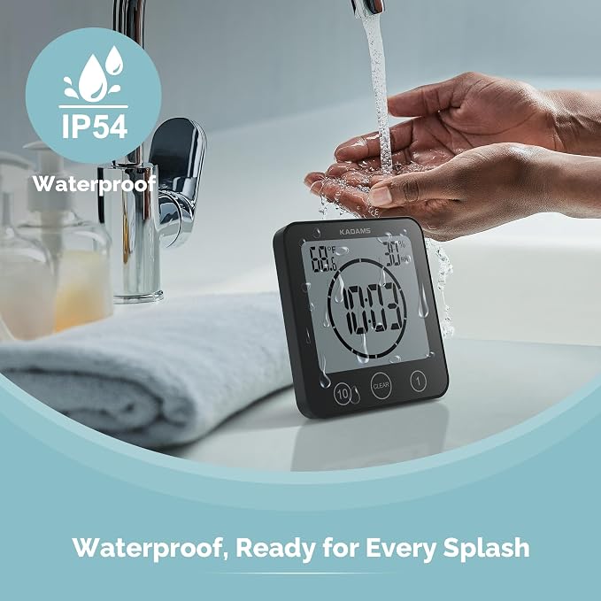 KADAMS Shower Clock Waterproof Bathroom Timer – Digital Wall Clock with Countdown, Magnetic Kitchen Clock with Temperature & Humidity, Suction Cup for Kids Shower Spa Cook Bath (Black)