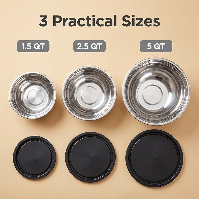 Mixing Bowls with Lids Set of 3, Stainless Steel Nesting Bowls with BPA-Free TPE Lids, 1.5/2.5/5 QT Kitchen Bowls for Baking, Salad Prep, Meal Prep, Mixing and Storage