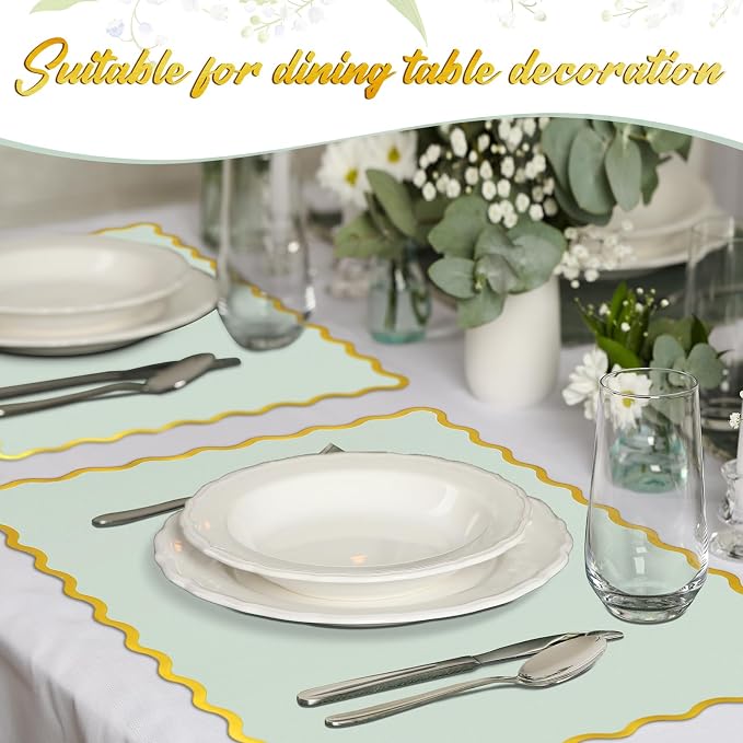 FoldTier 150 Pcs Disposable Paper Placemats Bulk 10"x14" Rectangle Place Mats with Scalloped Edges Dining Table Mat for Wedding Birthday Party Table Decoration(Sage Green)