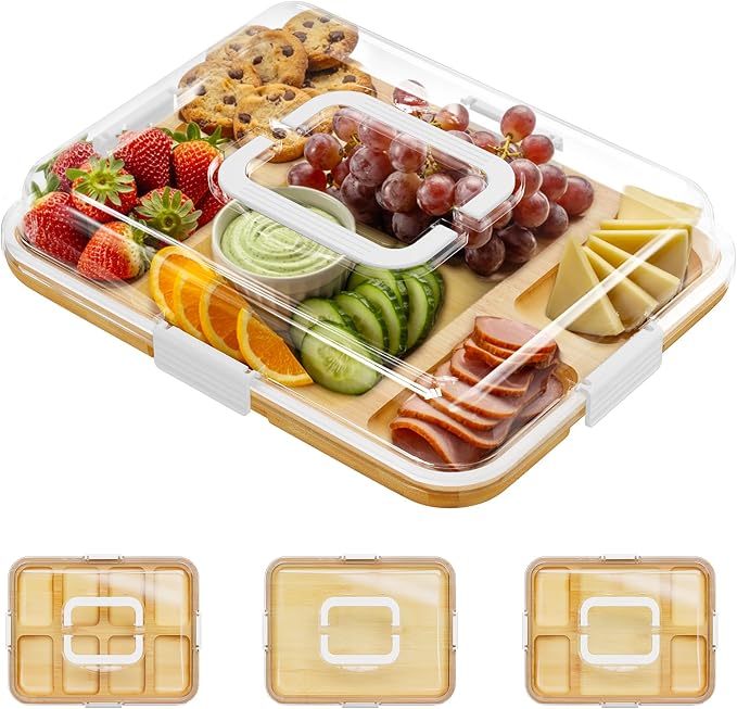 SpaceAid Charcuterie Board with Clear Lid, Portable Travel Cheese Cutting Boards for Picnic Accessories, Bamboo Serving Tray with Lids, House Warming Gifts, White Handles, 5 Compartments