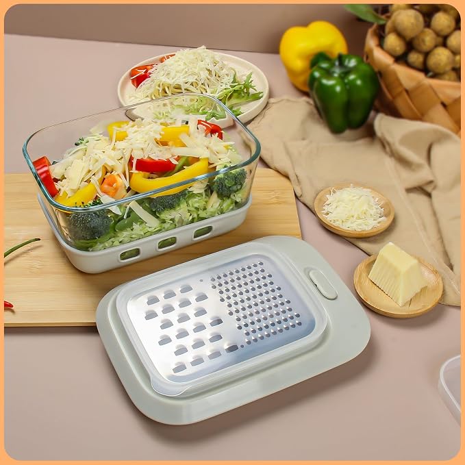 Glass Cheese Grater with Container and Lid, 46OZ Airtight Cheese Grater Bowl, Non-Slip Silicone Base, BPA-Free, Dishwasher & Freezer Safe for Cheese, Butter and Chocolate