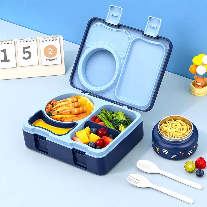 Bento Box for Kids, Leakproof Kids Lunch Box with 8.5OZ Thermo Food Jar & Lunch Bag, 3-4 Compartments Toddler Insulated Lunch Box for Girls, BPA Free Lunch Containers for School Daycare