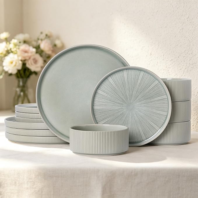 Stoneware Dinnerware Sets for 4, 12-Piece Plates and Bowls Set, Sage Green | Advanced Inkjet Printing Ceramic Dishes, Modern Minimalist Tableware, Scratch Resistant, Microwave and Dishwasher Safe