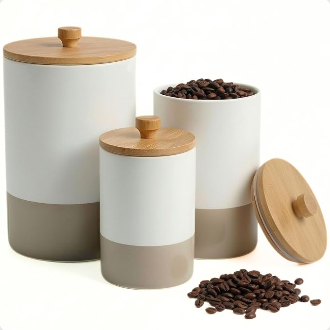 Ceramic Kitchen Canisters for Countertop Set of 3 w/Airtight Bamboo Lids | Thick Sturdy Ceramic, Matte Finish, Airtight Easy Open Bamboo Lids, Comfortable Bamboo Handles, Jar Volumes: 2, 1, 0.5 quarts