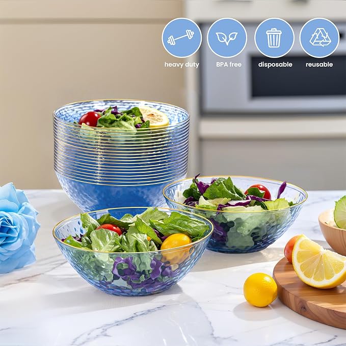 30 Pack 12 Ounce Blue Plastic Bowls Hammered Clear Bowl with Gold Rimmed, Heavy Duty Disposable Bowl Set,Elegant Small Bowls for Party, Weddings, Catering