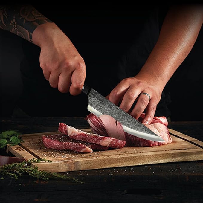 Chefs Knife - 8” Hand-Forged High Carbon Steel Full Tang Kitchen Knife With Wood Handle - Razor Sharp Knife For Kitchen with Leather Sheath