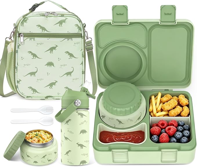 Bento Lunch Box for Kids Adult, Leakproof 3-4 Compartment Bento Box Set with Insulated Food Jar,Water Bottle, Lunch Bag, School Lunch Container for Toddler Teen Girls Boys Ages 3+(Dinosaur)
