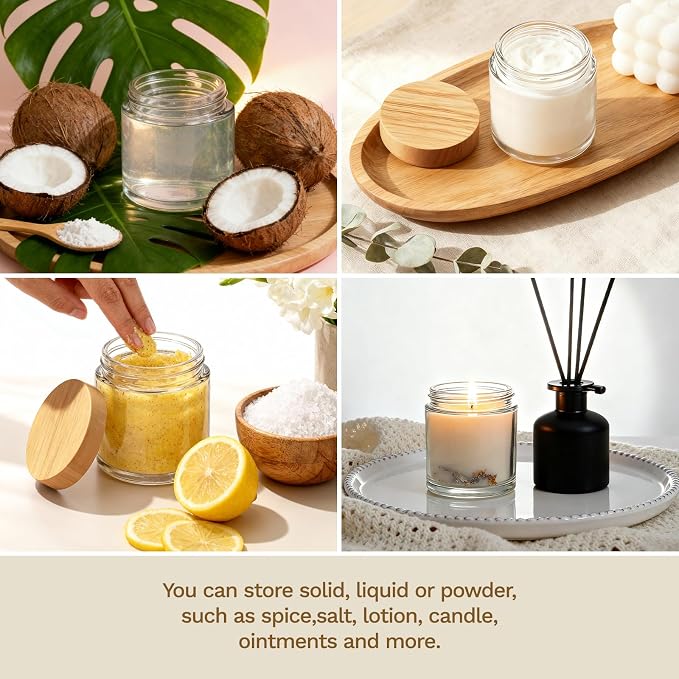 36Pack 4oz Small Glass Jar with Lid, Clear Cosmetic Jar with Wood-Grain Lid | Refillable bulk empty containers with labels; ideal for lotions, creams, salves, powders, candles and coffee, 120ml