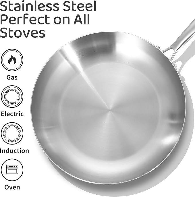 LOLYKITCH 12 Inch Stainless Steel Pan | Tri-Ply | PFOA & PTFE Free Skillet | Fast & Even Heating | Stay-Cool Detachable Handle | Dishwasher and Oven Safe | Induction Ready | For Modern Home Kitchens