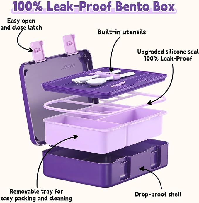 rockpapa Bento Box for Kids - Large 5.5 Cups Lunch Box with Utensils - 5 Compartments, BPA-Free, Leak Proof, Portable Handle for Boys Girls, Microwave/Dishwasher Safe (Purple Mermaid)
