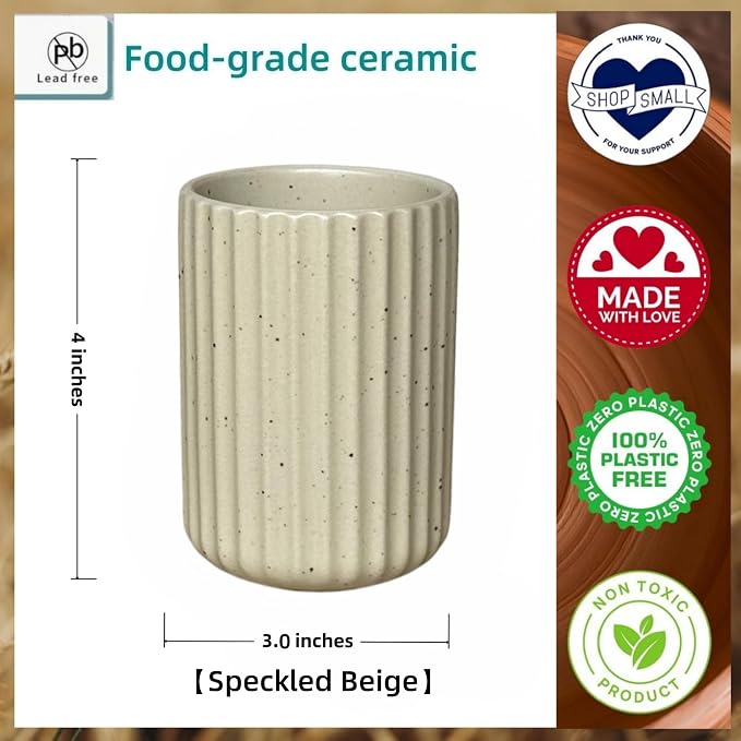 TOPYOKK Stoneware Coffee Bar Utensil Holder Tea & Coffee Spoon & Stirrer Holder for Stir Stick Straw Teaspoon Holder Espresso Spoon Cup Small Utensil Jar Fluted Vertical Stripe (Speckled Beige)