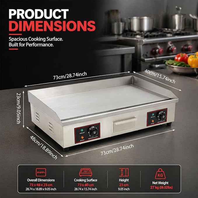 30" Electric Countertop Flat Top Griddle 3000W 110V Non-Stick Commercial Restaurant Teppanyaki Grill Stainless Steel Adjustable Temperature Control(No Plug)