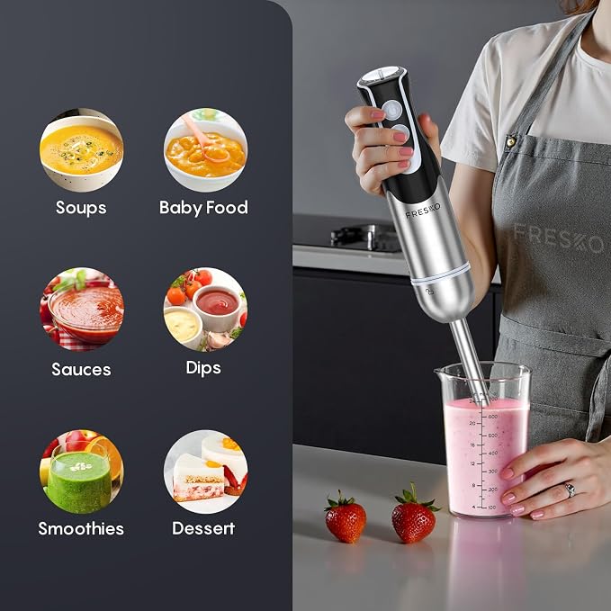 Immersion Blender Handheld, 2-In-1 Hand Blender with 12-Speeds & Turbo Mode | 500W Emulsion Blender, 24oz Beaker, Stainless Steel Blade，Stick Mixer for Baby Food, Smoothies, Soups & Sauces