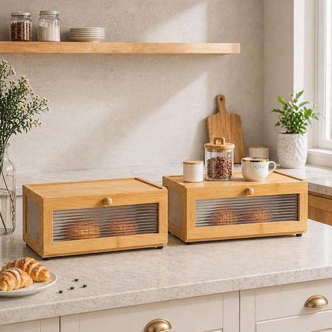 Stackable Bread Box for Kitchen Countertop, 2 Tier Bamboo Bread Storage Container Holder Bin for Baked Goods Snacks Farmhouse Breadbox with Acrylic Window for Pantry Cabinet Cupboard, Natural