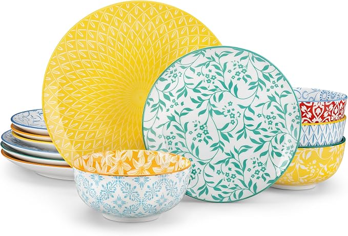 vancasso SELENE Plates and Bowls Set for 4, 12 Pieces Dinnerware Sets, Mircowave and Dishwasher Safe Dishes Set, Porcelain Pastel Dinnerware