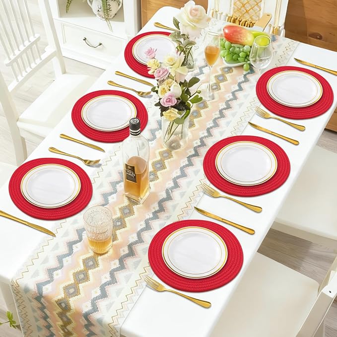 Round Placemats Set of 6, Cotton Rope Woven Table Mats, Hot Pads for Kitchen, Non Slip Heat Resistant Place Mats, 13 Inches Braided Placemat for Farmhouse Decor and Kitchen Table Decor (Red)