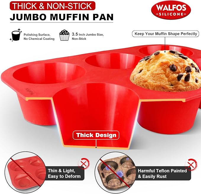 Walfos Silicone Texas Muffin Pan - 6 Cup Jumbo Silicone Cupcake Pan, Non-Stick, Just Release! Perfect for Egg Muffin, Big Cupcake - BPA Free and Dishwasher Safe