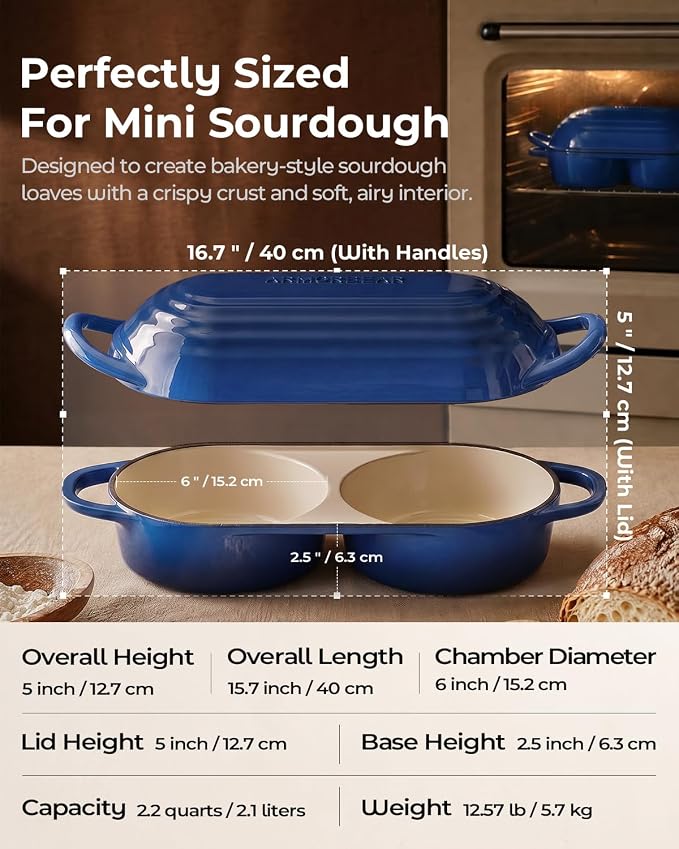 Mini Double Dutch Oven for Sourdough, Enameled Cast Iron Bread Pan, Blue | Double Loaf Bread Pan with Lid, Mini Sourdough Dutch Oven for Bread Baking