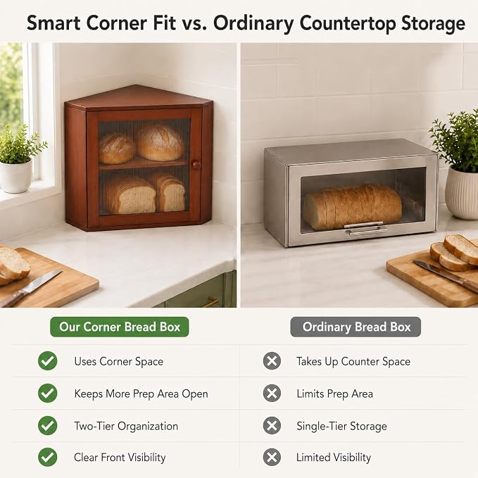 BAMBANG Corner Bread Box for Kitchen Countertop, Large Capacity Bamboo Wood Bread Storage Container, 2 Tier Farmhouse Breadbox with Fluted Acrylic Door for Bread, Homemade Bread and Snacks, Brown