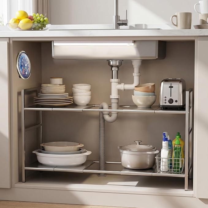 Under-Sink Organizer 2-Tier Expandable Cabinet Storage (10 panels) | LED Motion-Sensing Auxiliary Lighting Dial Thermometer Stainless Steel Telescopic & Adjustable Rust-Resistant