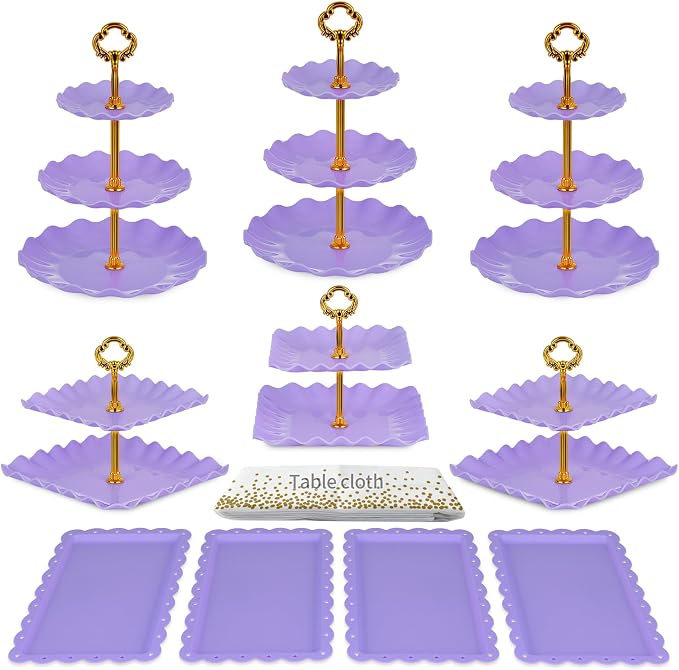 Pack of 11 NWK Cake Stand Set of Cupcake Stand, Tray & Table Cloth (Purple) | Includes 3 x 2-Tier & 3 x 3-Tier Cupcake Stands, 4 Appetizer Trays, Plus 1 Tablecloth. Ideal for Parties, Purple Design