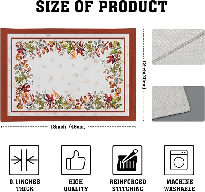 Fall Leaves Placemats Set of 4，Autumn Harvest Maple Leaves Farmhouse Tabletop Mat 12 x 18 Inch Washable Heat Resistant Thanksgiving Decor Table Place Mats for Dining Kitchen Home Party Outdoor