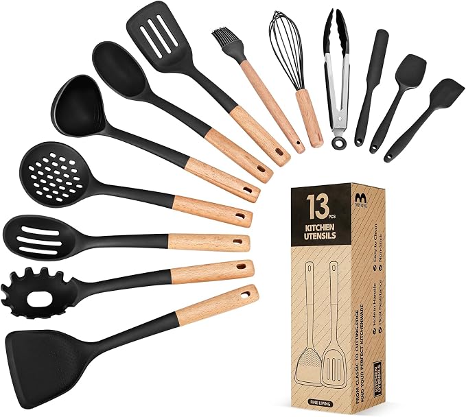 13PCS Silicone Kitchen Utensils Set for Nonstick Cookware, Black | Food Grade, Heat Resistant Kitchen Utensil Spatula Set, Wooden Handles Kitchen Gadgets Tools Set