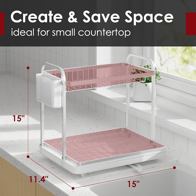 Sakugi Dish Drying Rack 2-Tier 15x11.4x15 Silver Double Rod | Kitchen, Sink Counter, Stainless Steel, Counter Top, Utensil Holders, Cutlery Holder, for Small Family, Easy to Clean