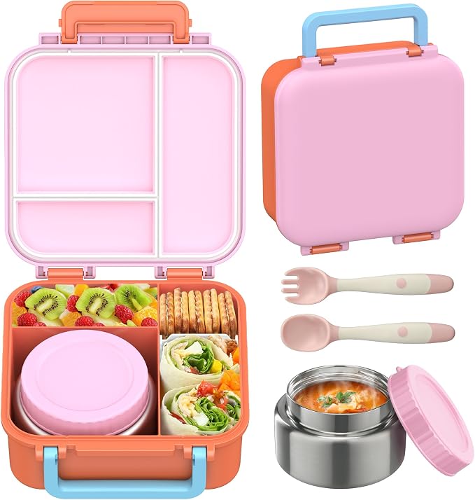 Bento Lunch Box for Kids with 9oz Thermo, Leak-proof Containers with 3 Compartments, Recommended Serving Sizes for Kids,Durable&Dishwasher Safe Lunch Box for School Outdoors-Orange
