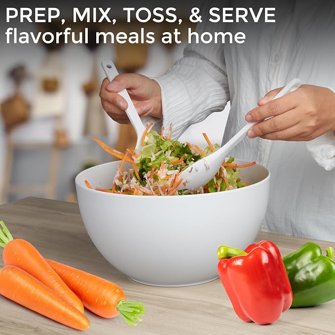 10” Bamboo Fiber Large Salad Serving Bowl Set with Wooden Lid & Servers, 3.5Qt Big Bowl with Utensils for Mixing Salad,Fruit,Pasta,Lightweight & Dishwasher Safe, Ideal Gift for Home - Matte White