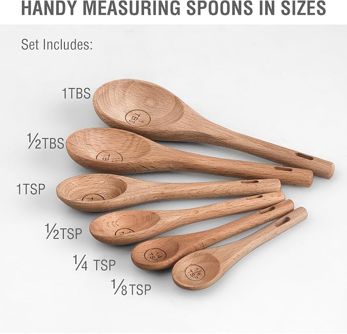 6pcs Measuring Spoons, Natural Beechwood, Gift Set | 1 tbsp, 1/2 tbsp, 1 tsp, 1/2 tsp, 1/4 tsp & 1/8 tsp, For Cooking Baking, Rustic Teaspoon Tablespoon, For Dry Ingredients