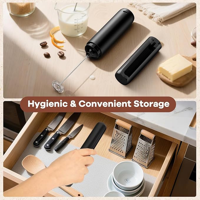 Rechargeable Milk Frother, Handheld Coffee Frother Wand Drink Mixer with Cover, Electric Whisk Coffee Mixer for Matcha Lattes Cappuccino Hot Chocolate