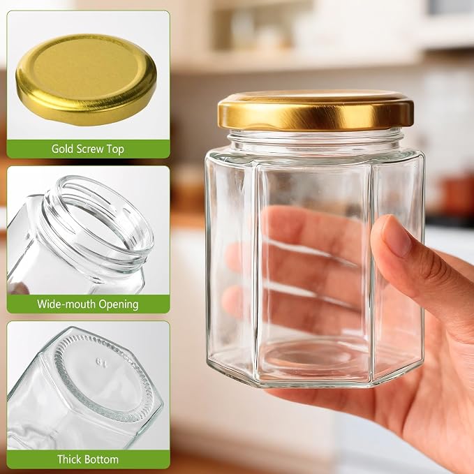 30 Pack 6 oz Glass Jars with Gold Lids - Airtight Hexagon Honey Jars | Jams, Spices, Baby Shower, Party & Wedding Favors - 180ml Food Grade Canning Jars for Small Business & DIY Crafts