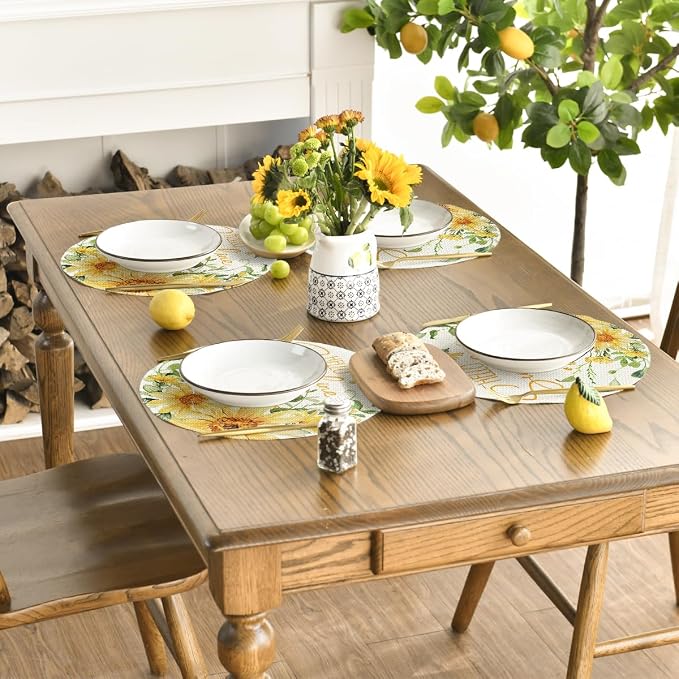 Artoid Mode Hello Sunshine Sunflower Round Summer Placemats Set of 4, 14 Inch Spring Round Table Mats for Dining Decoration