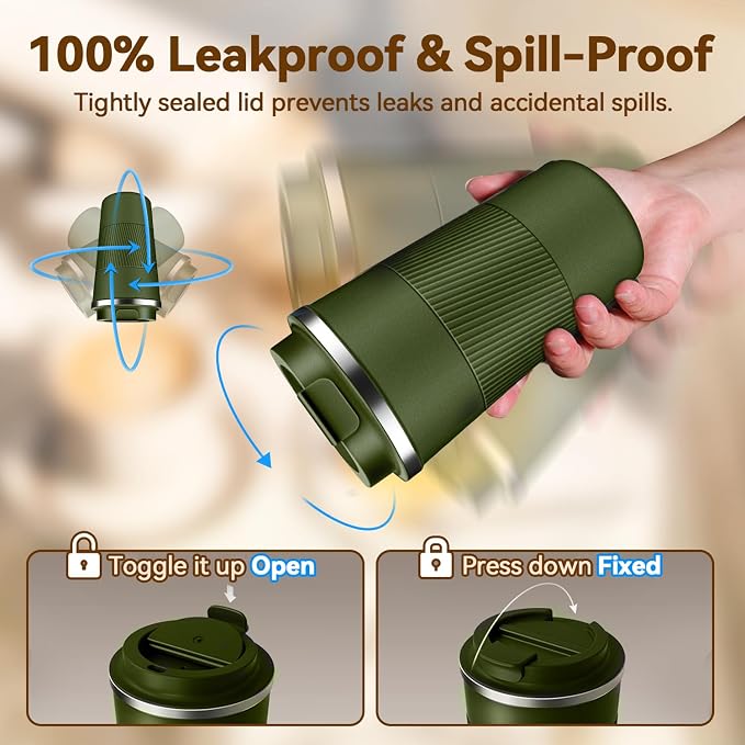 12OZ Travel Coffee Mug Insulated Coffee Cup with Spill Leak Proof Lid, Portable Stainless Steel Tumbler Reusable Hot and Cold Water Mug for Car, Daily, Camping- Military Green