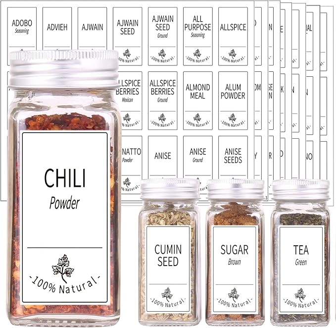 SWOMMOLY 48 Pcs 4 oz Glass Spice Jars with Shaker Lids and 806 White Labels | Empty Square Spice Containers with Airtight Lids, Chalk Marker, Funnel - Seasoning Bottles for Spice Racks, Cabinets, Drawers