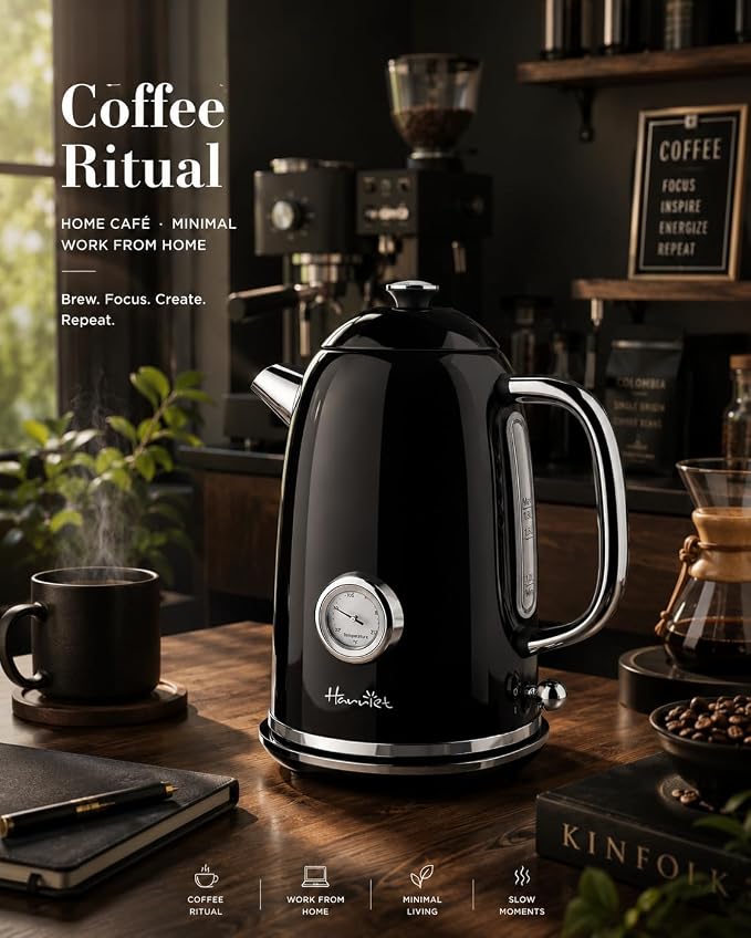 Harriet Electric Kettle, 1.8L Retro Electric Tea Kettle with Thermometer, 1500W Stainless Steel Hot Water Kettle Electric with LED Indicator, Fast Boiling, Cordless, Auto Shut-Off, Black