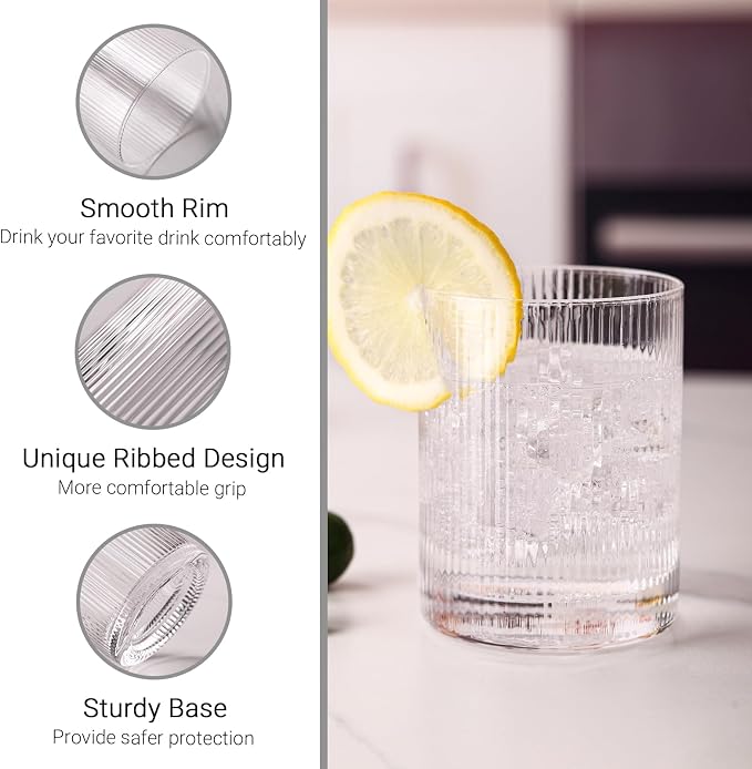 JOVGANK Drinking Glasses Set of 8 – Lead-Free Crystal Glassware, 4 Tall 15oz & 4 Short 10oz Vintage Ribbed Tumbler Glasses, Dishwasher Safe, for Juice Beer Cocktails, Great Housewarming Gift, Set A