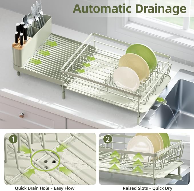 Urackify Extendable Dish Rack, 18.5"-26.7" L x 12.7" W, Soft Celery Green | Multifunctional large dish rack with cup holder and built-in cutlery holder for versatile drying needs