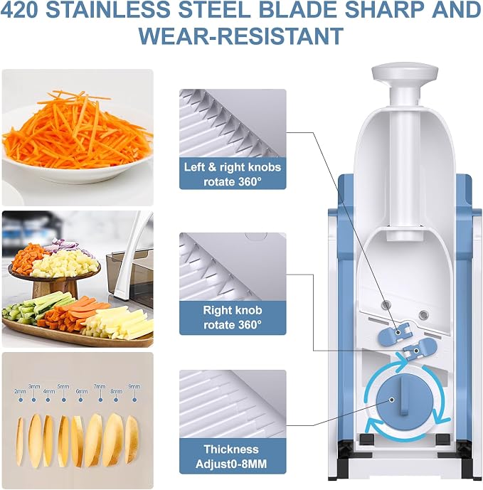 5 in 1 Adjustable Safe Mandoline Slicer for Kitchen with Paring Knife | Safe Mandoline Slicer for Kitchen, Easy to Clean/Storage, Potato Slicing, Strips, Shredding, Dicing, Chop, Cleaning brush