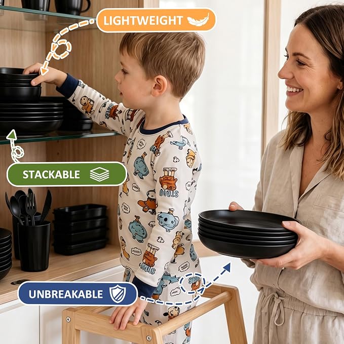 PYRMONT Dinnerware Set Wheat Straw Bowls and Plates Set Unbreakable Kitchen Dishes Service for 4 Microwave & Dishwasher Safe Plastic Dish Set for Camping,RV,Picnic-Black