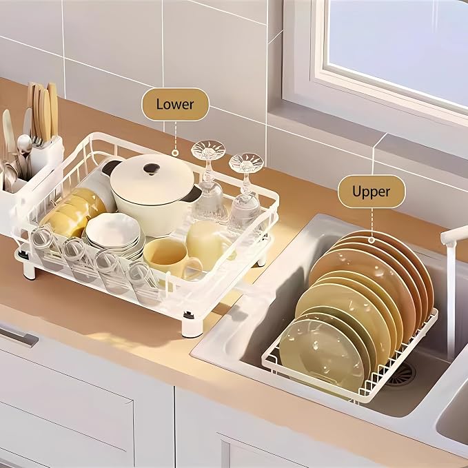 Small 2 Tier Dish Drying Rack, Space Saving Dish Racks for Kitchen Counter, Kitchen Organizer Dish Drainer with Cutlery Holder for Spoons and Forks, 11''W x 15''L, White