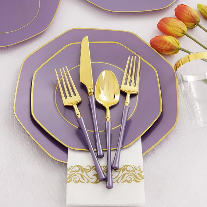 KIRE 140Pcs Purple Plates with Gold Rim - Plastic Plates for Party | Include 40pcs Purple and Gold Plates, Gold Plastic Silverware with Purple Handle&Clear Cups&Hand Napkin for Wedding