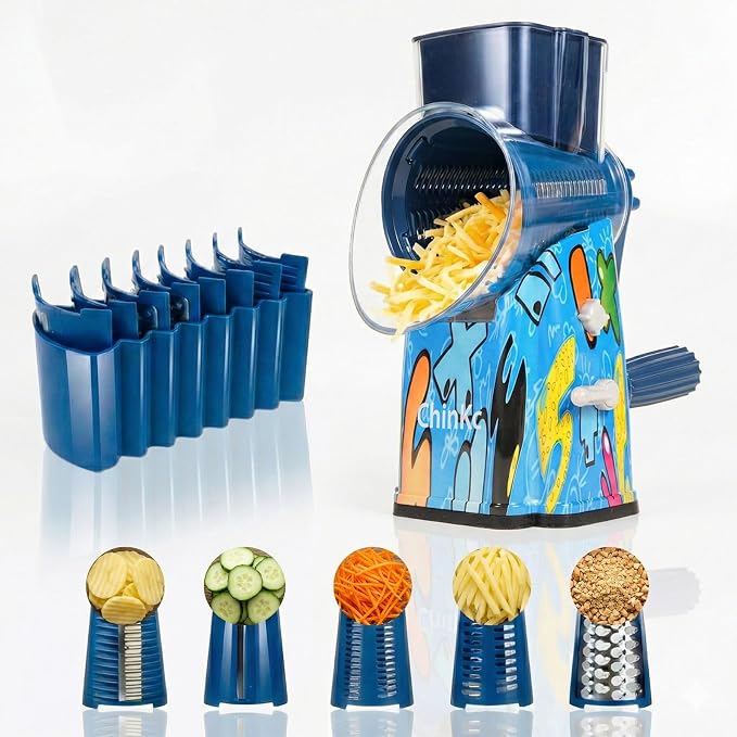 Upgrade Rotary Cheese Grater Shredder with Handle, Strong Suction Base, Multi-purpose Rotary Grater Slicer with 5 Interchangeable Blades for Ice, Vegetables, Fruit, Nuts with Blade Storage Box