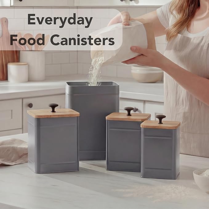 PERFNIQUE Kitchen Canisters, Airtight Canister Sets for Kitchen Counter, Kitchen Canisters for Countertop Set of 4, Coffee Tea Sugar Flour Spice Tin Jars Food Storage Container with Lid(Grey)
