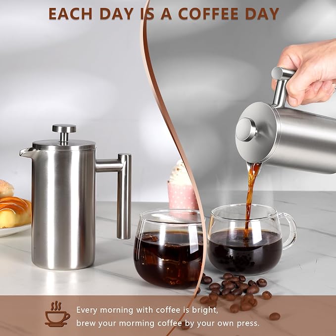 12 OZ French Press Coffee Maker, Sturdy Full Stainless Steel Coffee Press | Mini Small Camping French Presses Coffee Maker, Teapot for Kitchen Travel, 1-2 Cup, 350 ml, Elegant Silver